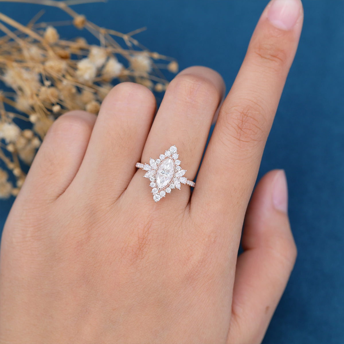 0.90 CT Marquise Shaped Moissanite Cluster Engagement Ring