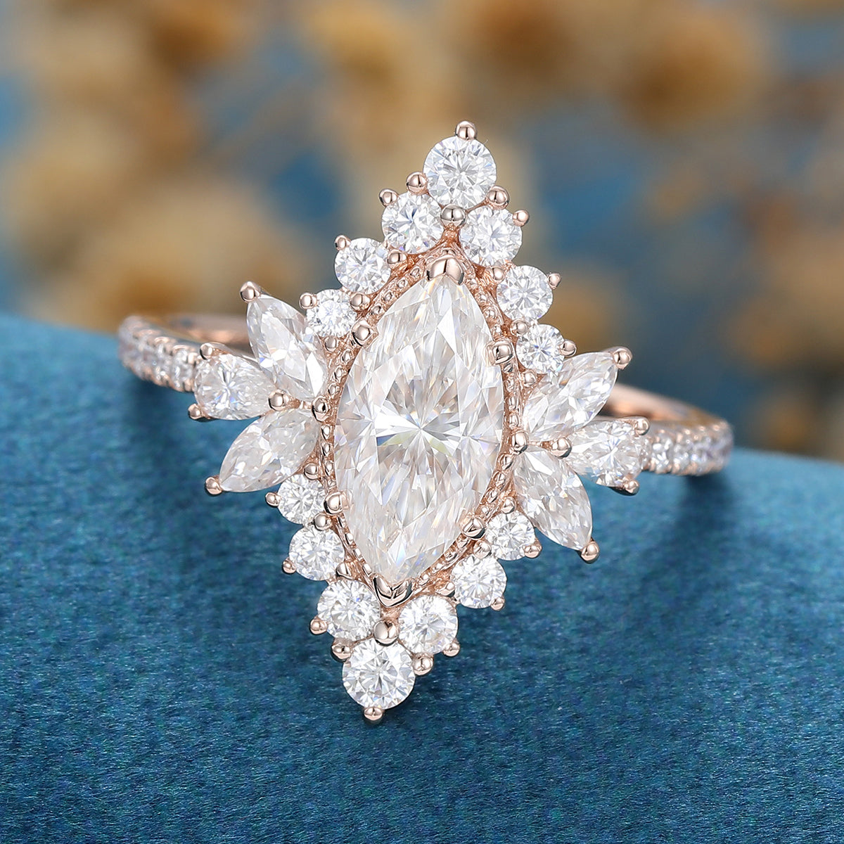 0.90 CT Marquise Shaped Moissanite Cluster Engagement Ring