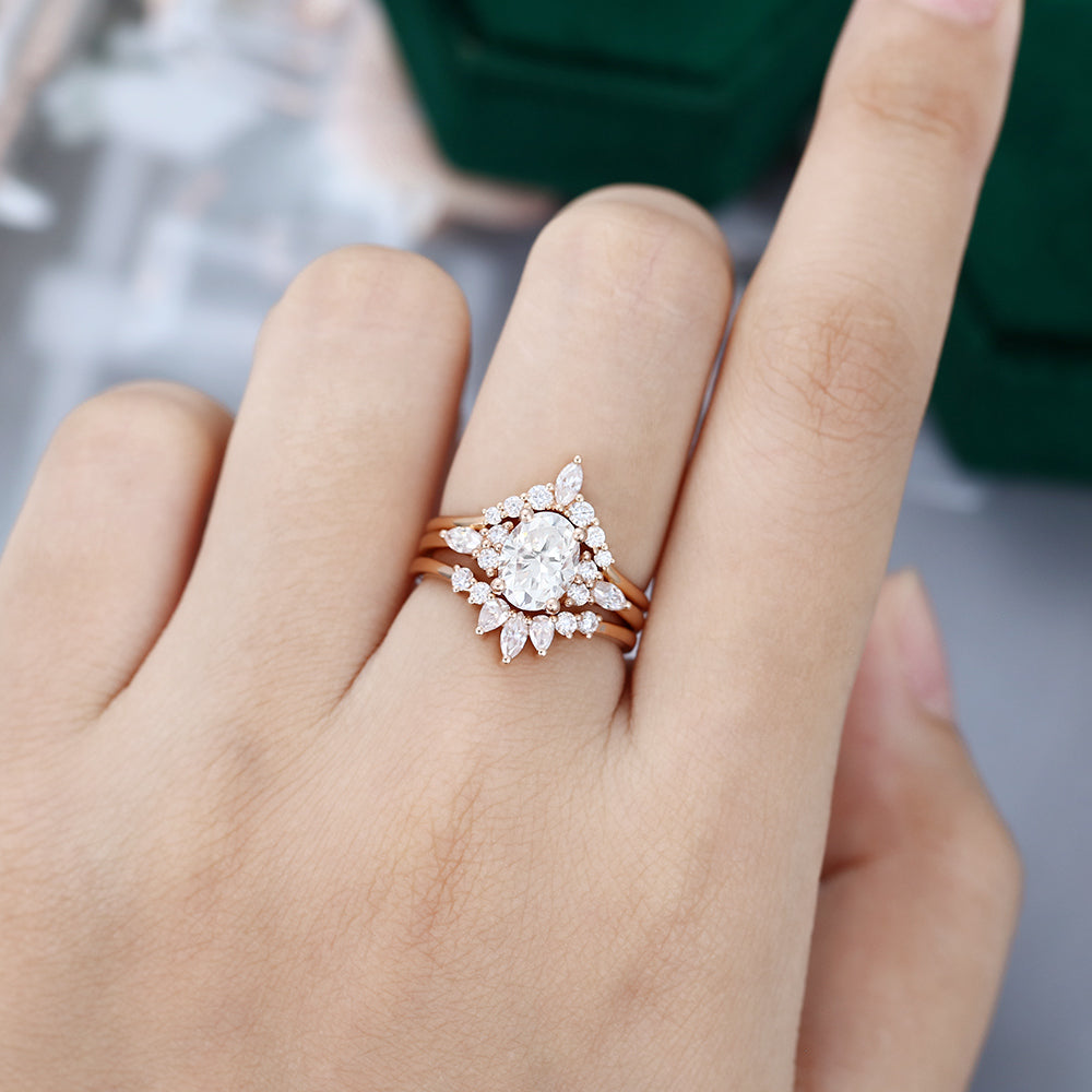 1.33 CT Oval Moissanite Art Deco Style Bridal Ring Set