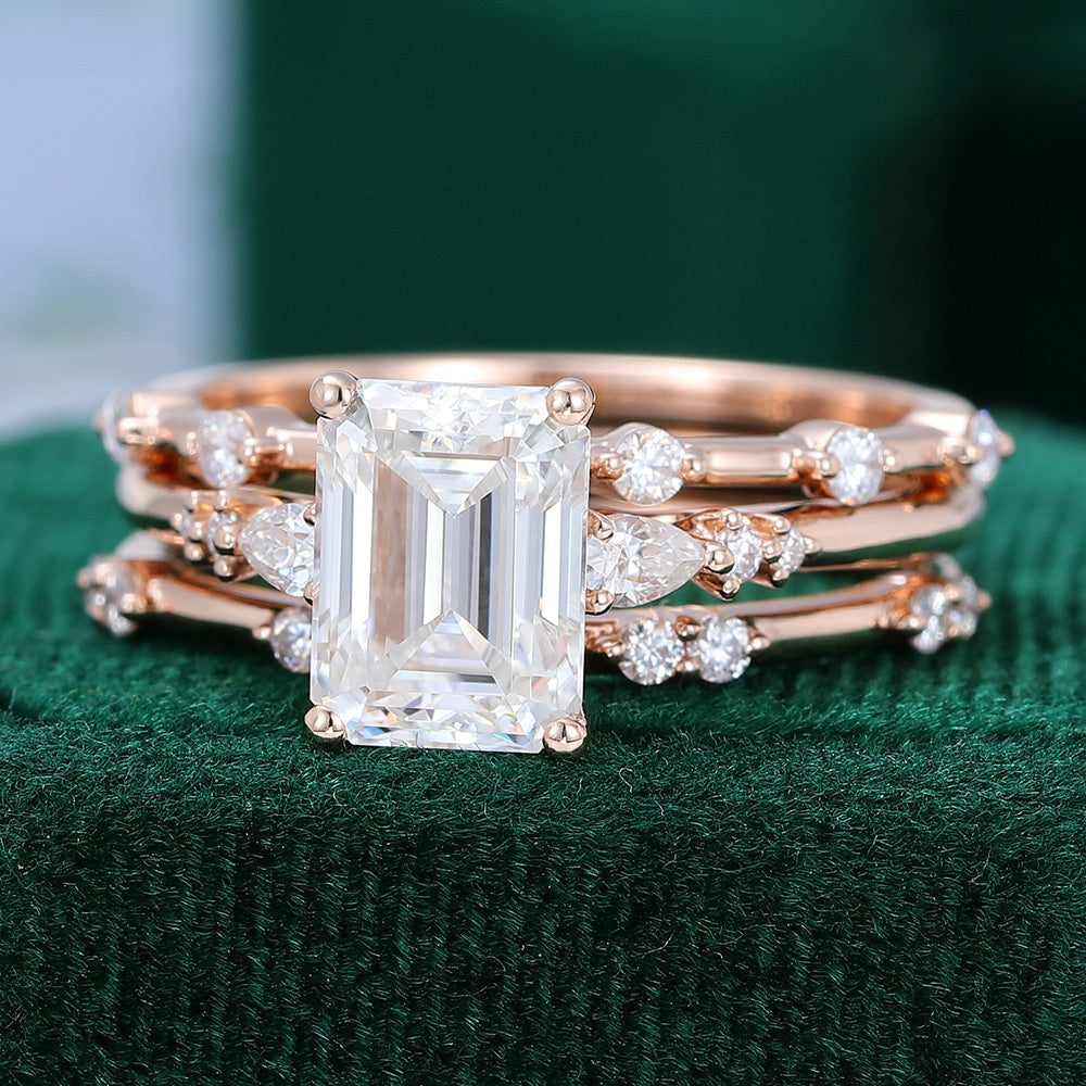 1.60 CT Emerald Moissanite Three Stone Bridal Ring Set
