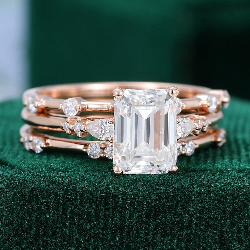 1.60 CT Emerald Moissanite Three Stone Bridal Ring Set