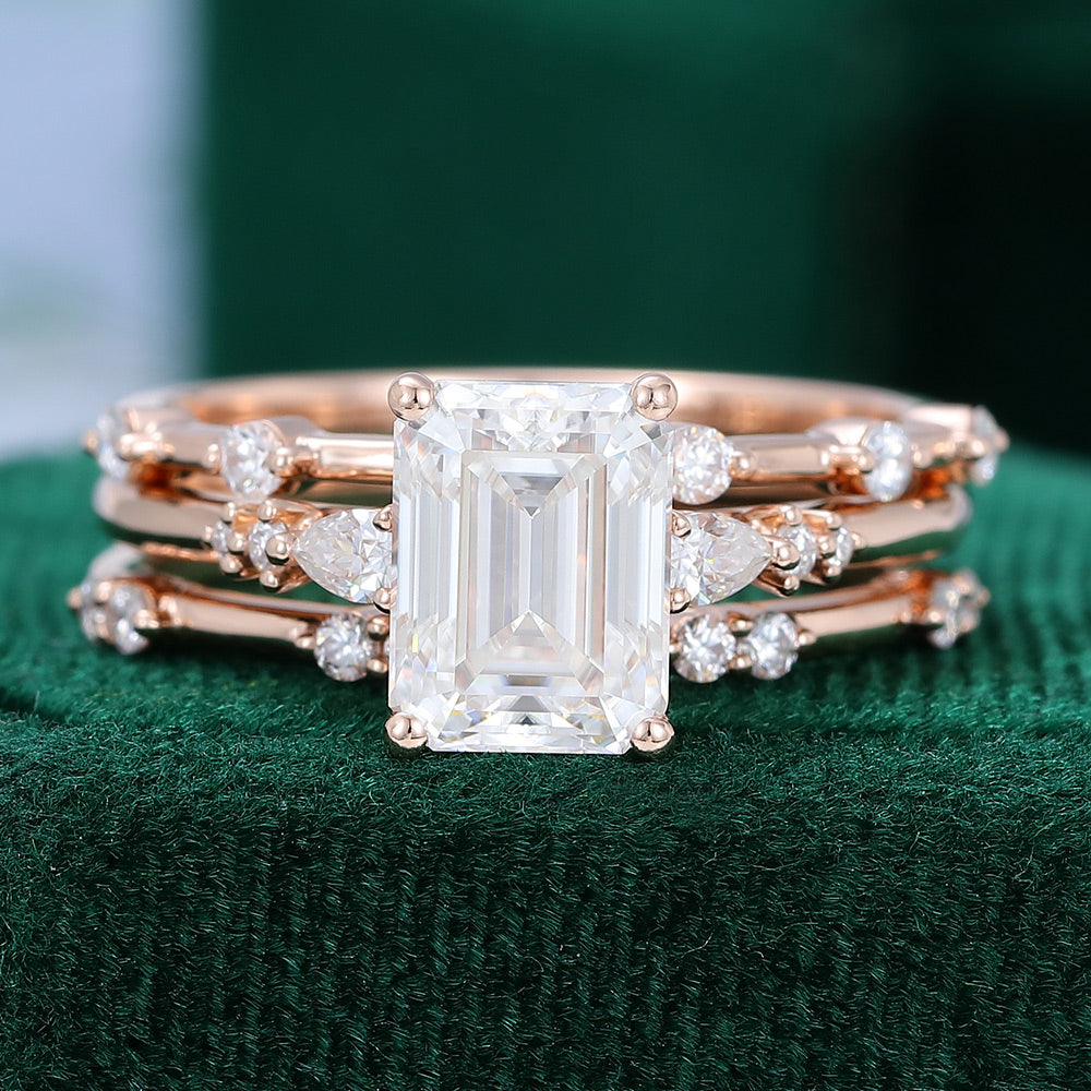 1.60 CT Emerald Moissanite Three Stone Bridal Ring Set