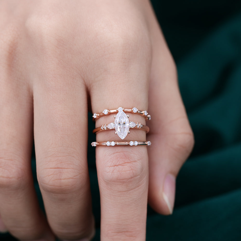 0.90 CT Marquise Moissanite Three Stone Bridal Ring Set