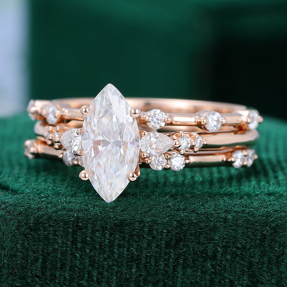 0.90 CT Marquise Moissanite Three Stone Bridal Ring Set