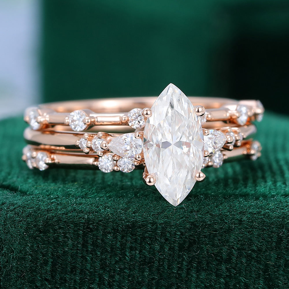 0.90 CT Marquise Moissanite Three Stone Bridal Ring Set