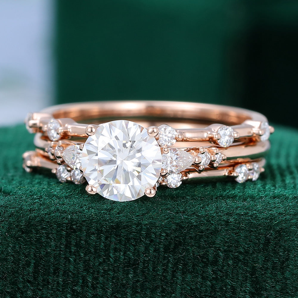 0.88 CT Round Moissanite Three Stone Bridal Ring Set