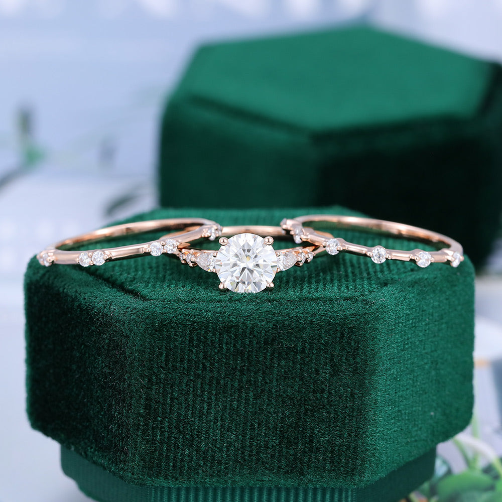 0.88 CT Round Moissanite Three Stone Bridal Ring Set