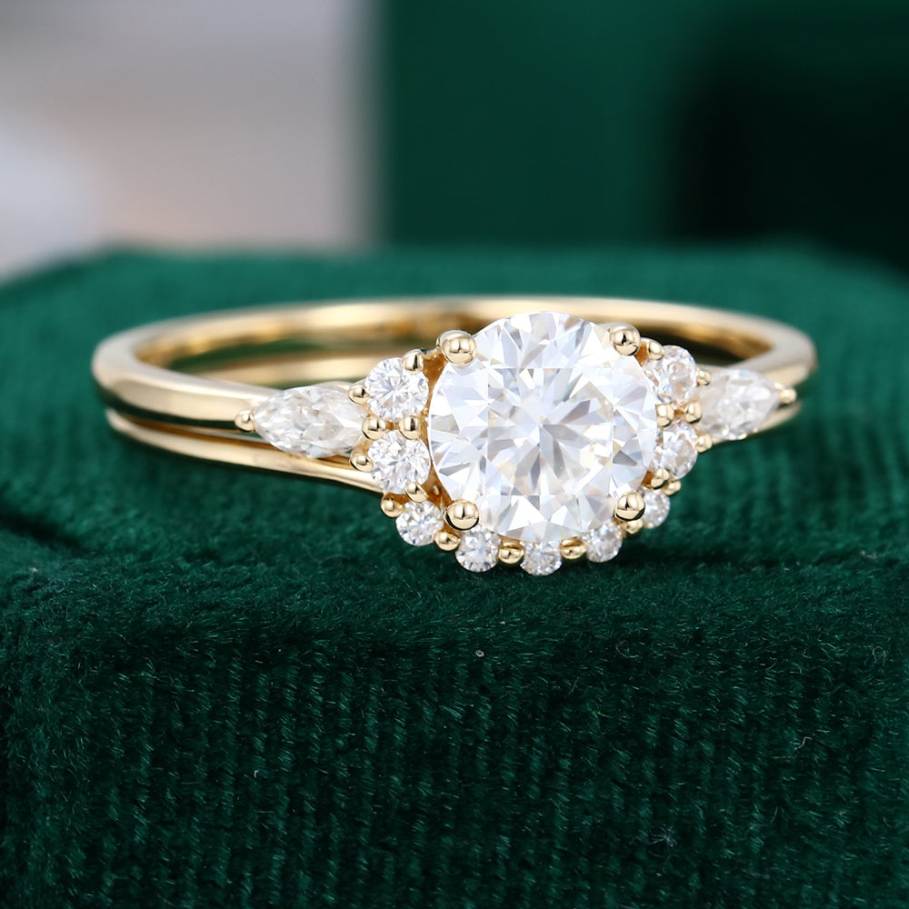 0.88 CT Round Moissanite Cluster Bridal Ring Set
