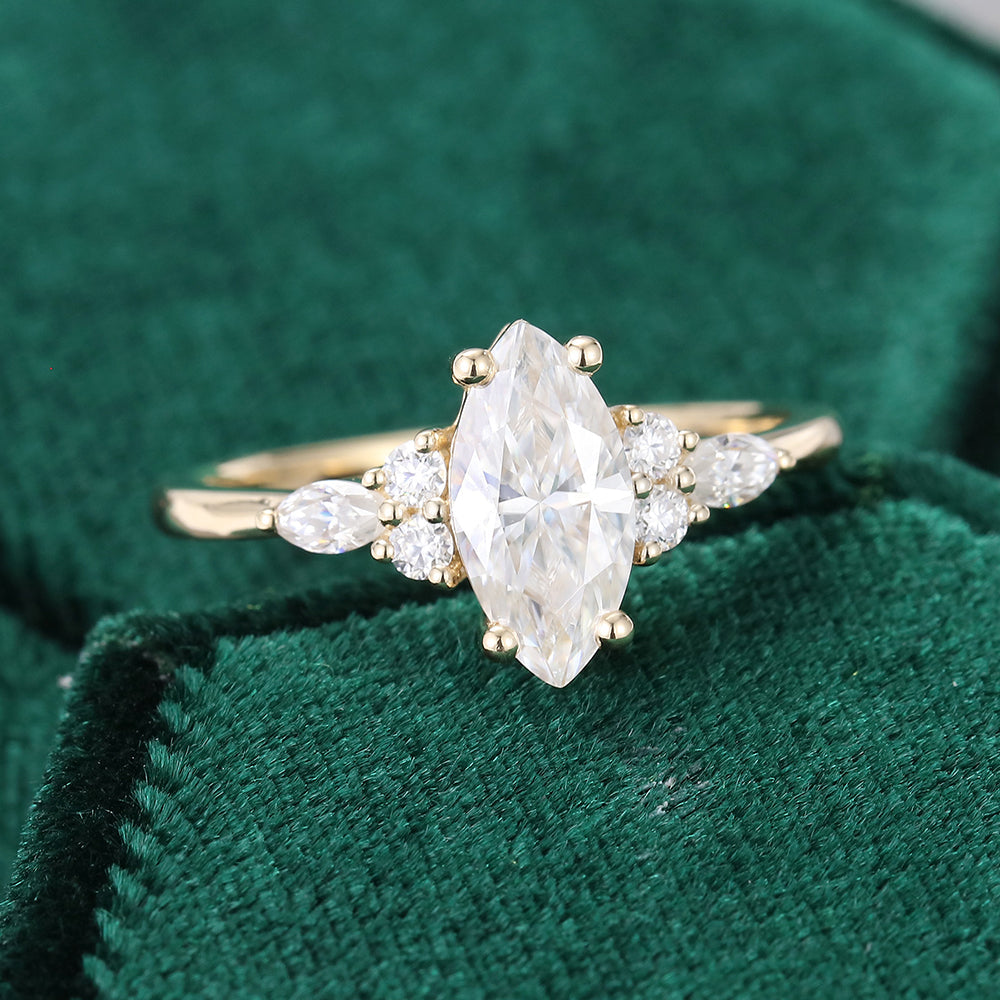 1.0 CT Marquise Shaped Moissanite Cluster Engagement Ring