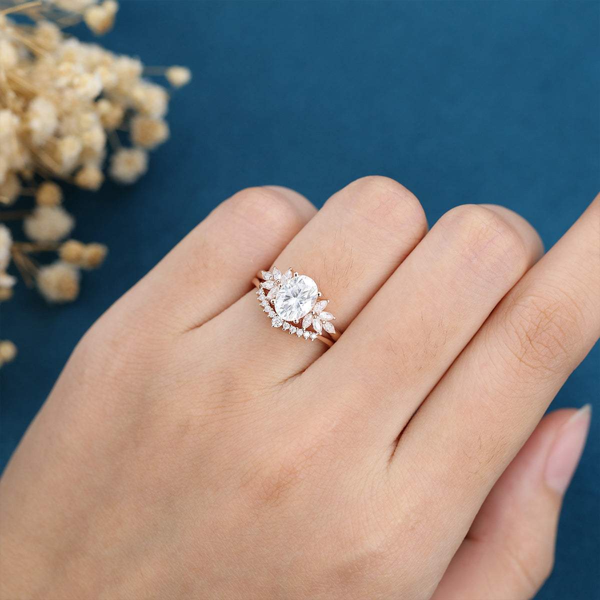 1.33 CT Oval Shaped Moissanite Cluster Bridal Set