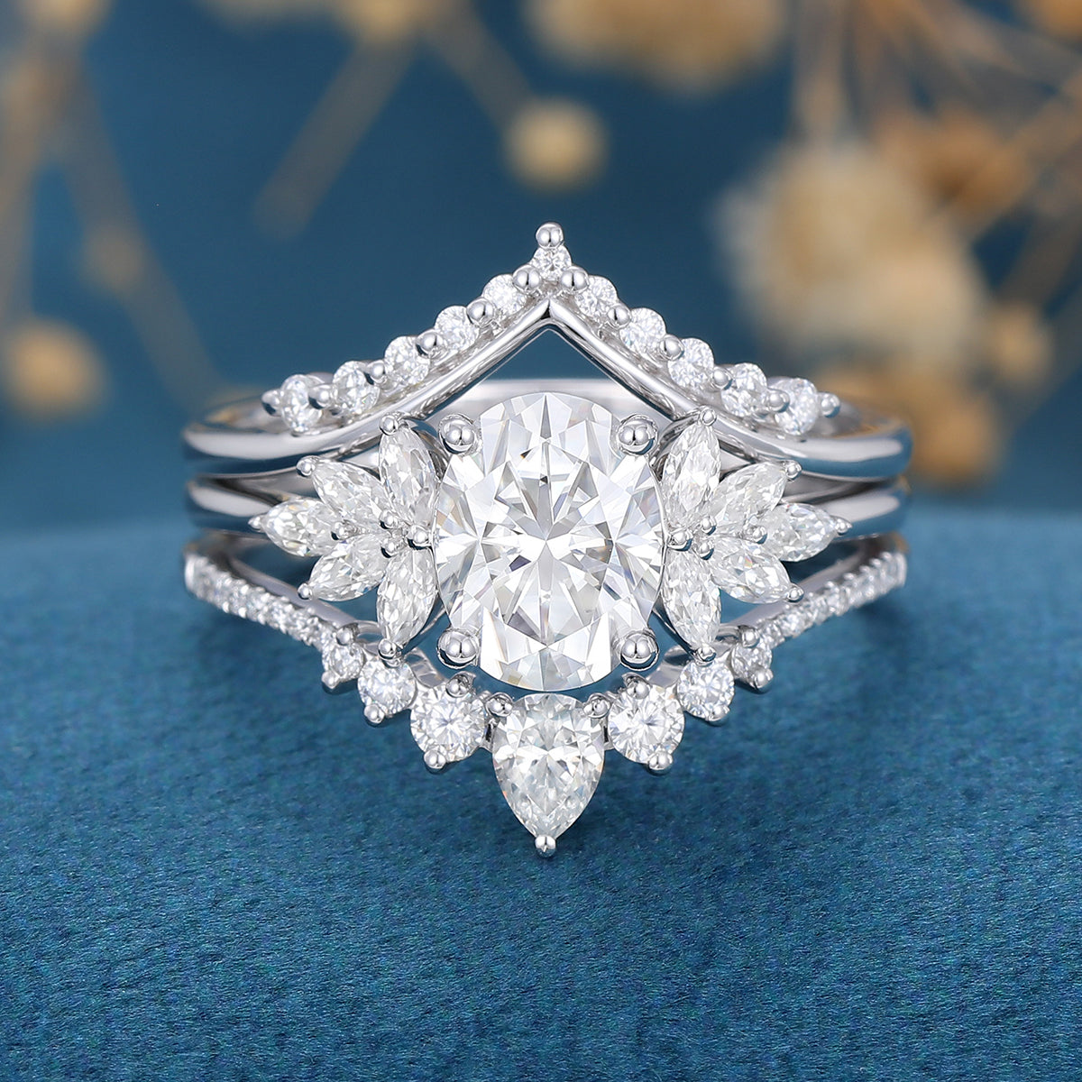 1.33 CT Oval Shaped Moissanite Cluster Bridal Set