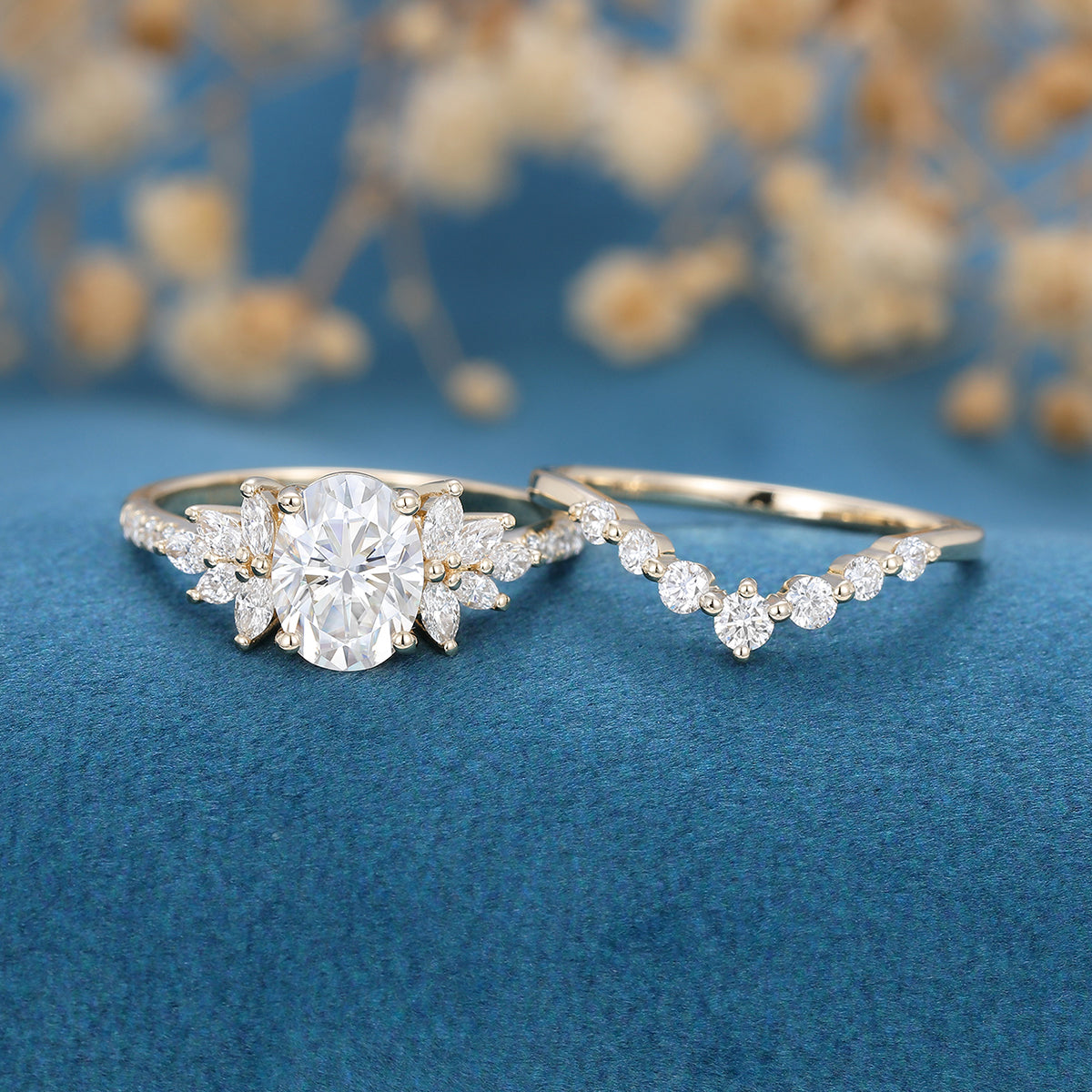 1.33 CT Oval Shaped Moissanite Cluster Bridal Set