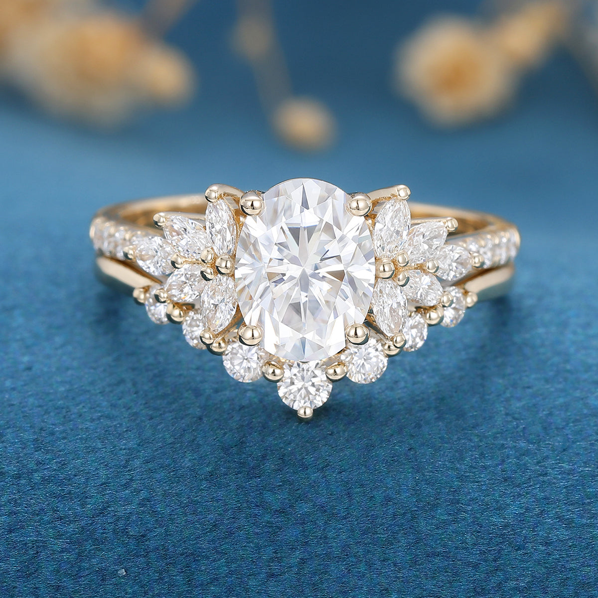 1.33 CT Oval Shaped Moissanite Cluster Bridal Set