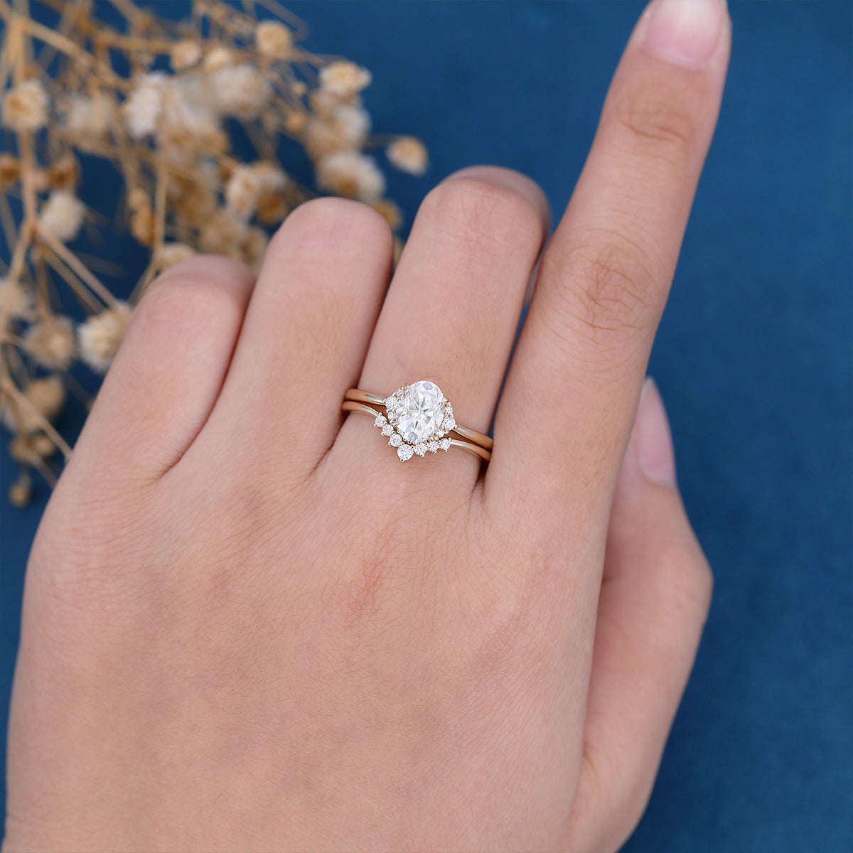 1.33 CT Oval Shaped Moissanite Cluster Bridal Set