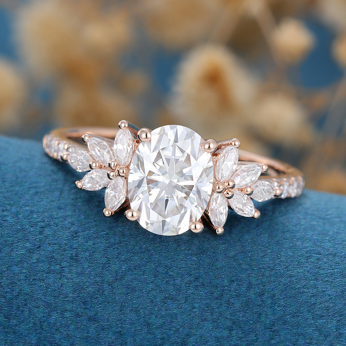 1.33 CT Oval Shaped Moissanite Cluster Engagement Ring