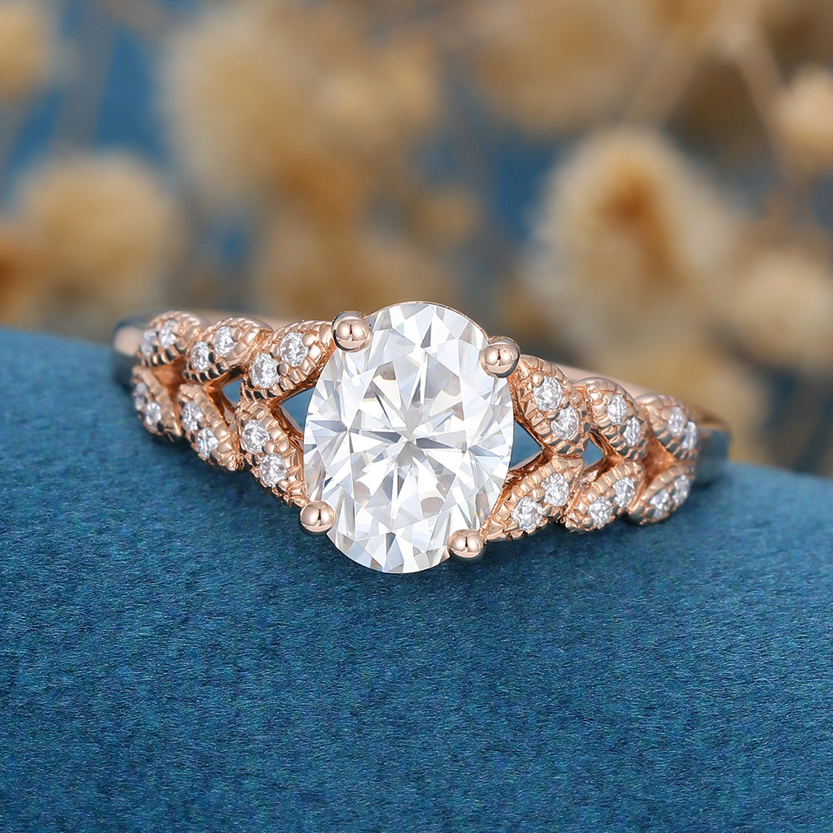 1.33 CT Oval Shaped Moissanite Art Deco Engagement Ring