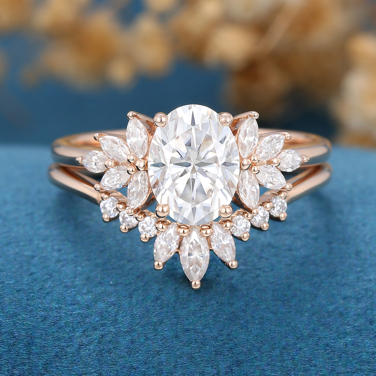 1.33 CT Oval Shaped Moissanite Cluster Bridal Set