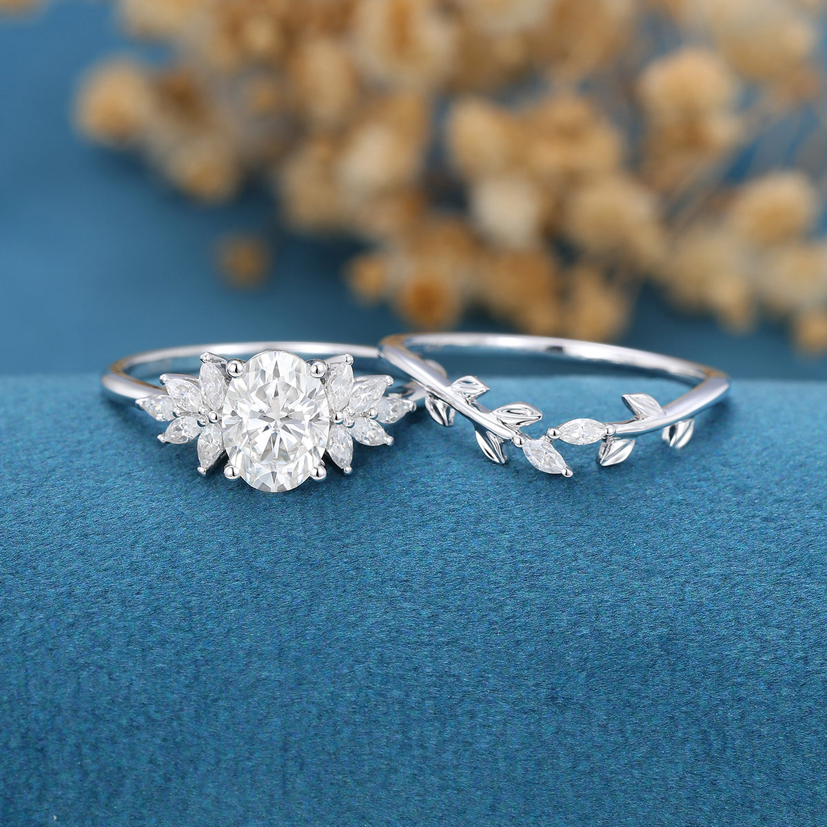 1.33 CT Oval Shaped Moissanite Cluster Bridal Set