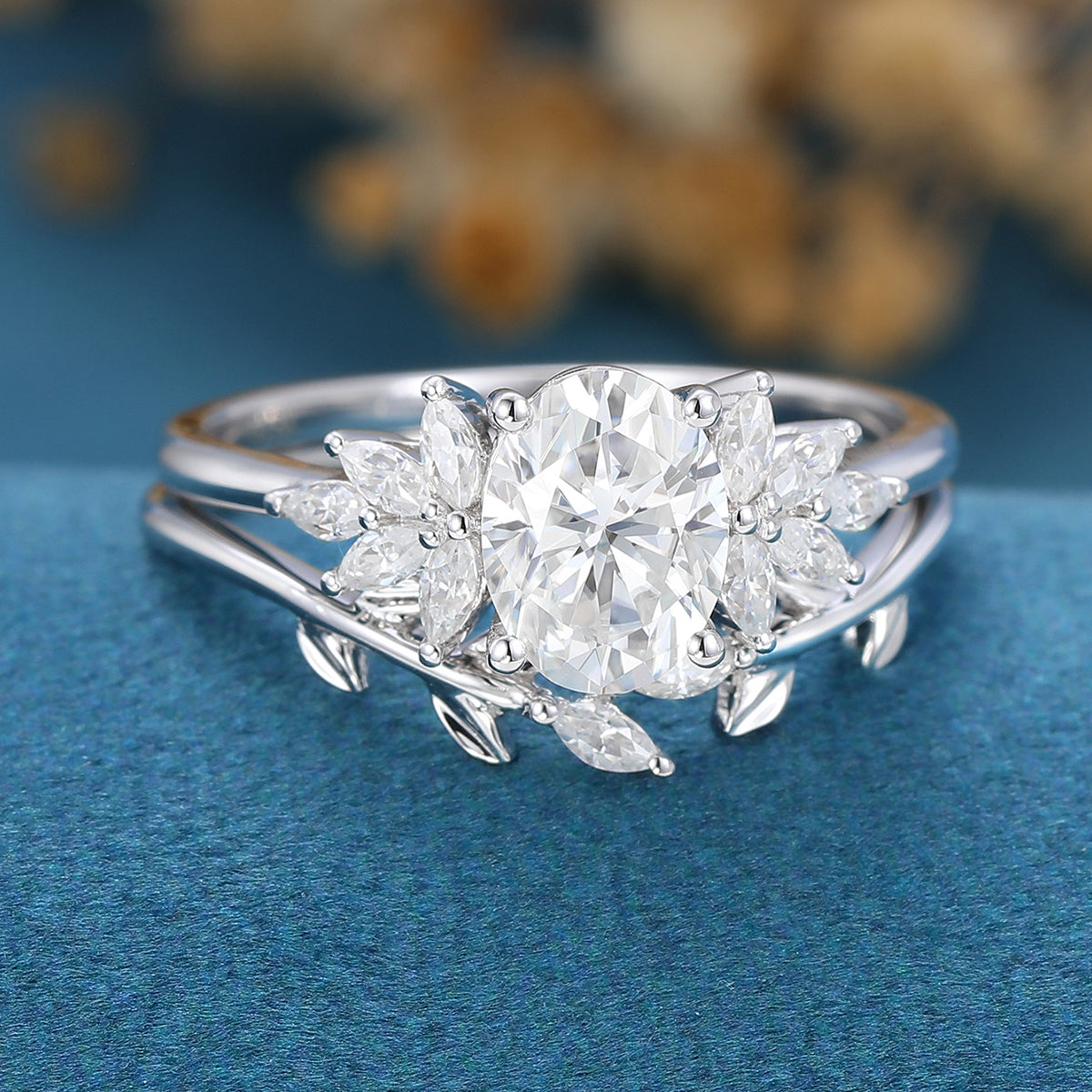 1.33 CT Oval Shaped Moissanite Cluster Bridal Set