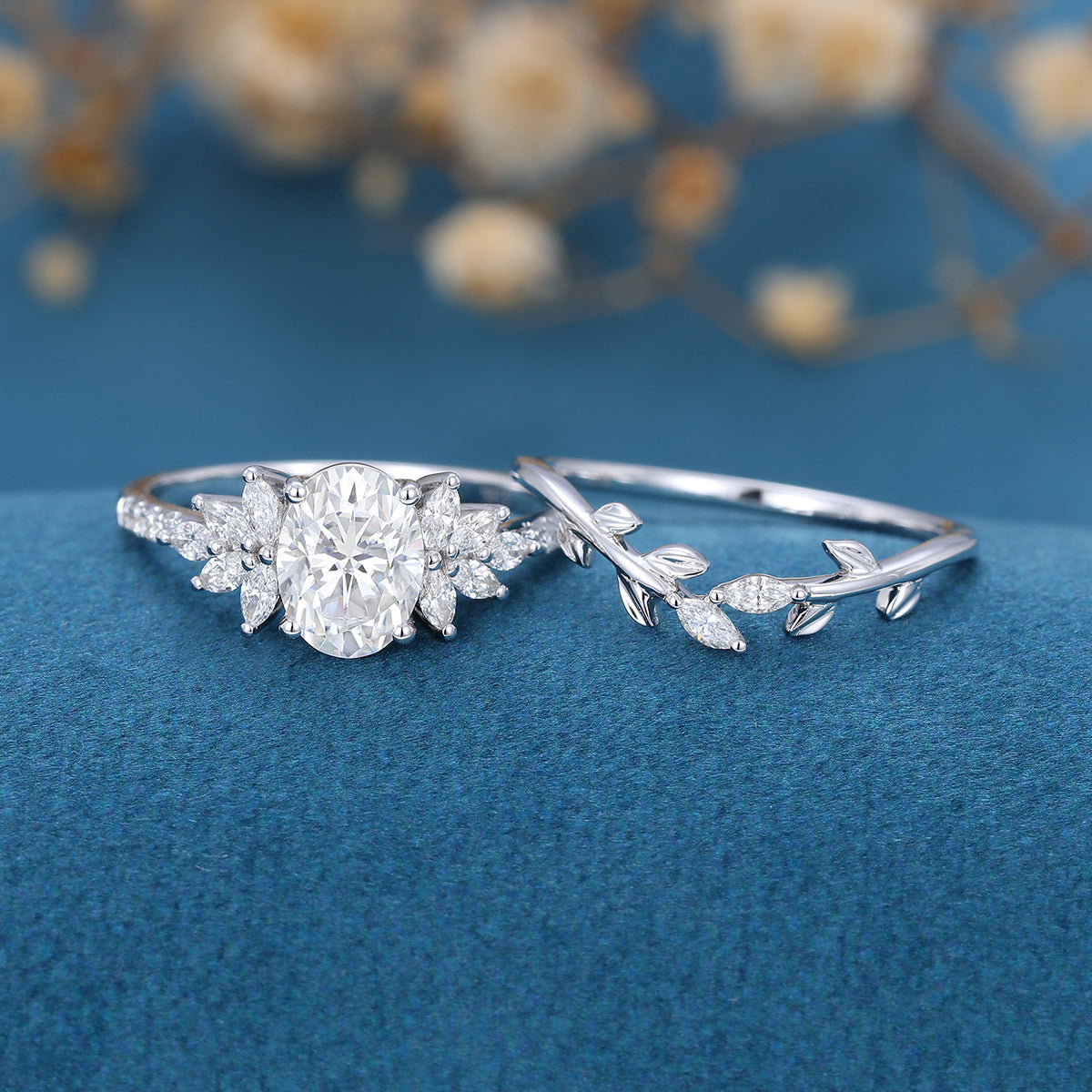 1.33 CT Oval Shaped Moissanite Cluster Bridal Set
