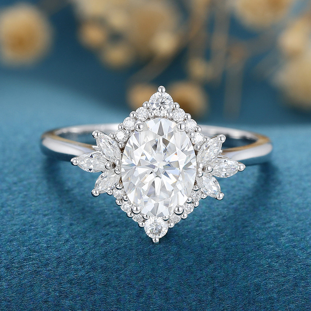0.84 CT Oval Shaped Moissanite Cluster Engagement Ring