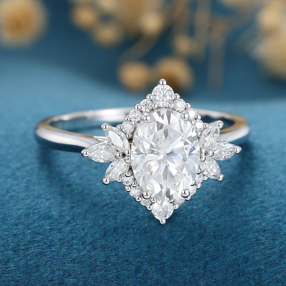 0.84 CT Oval Shaped Moissanite Cluster Engagement Ring