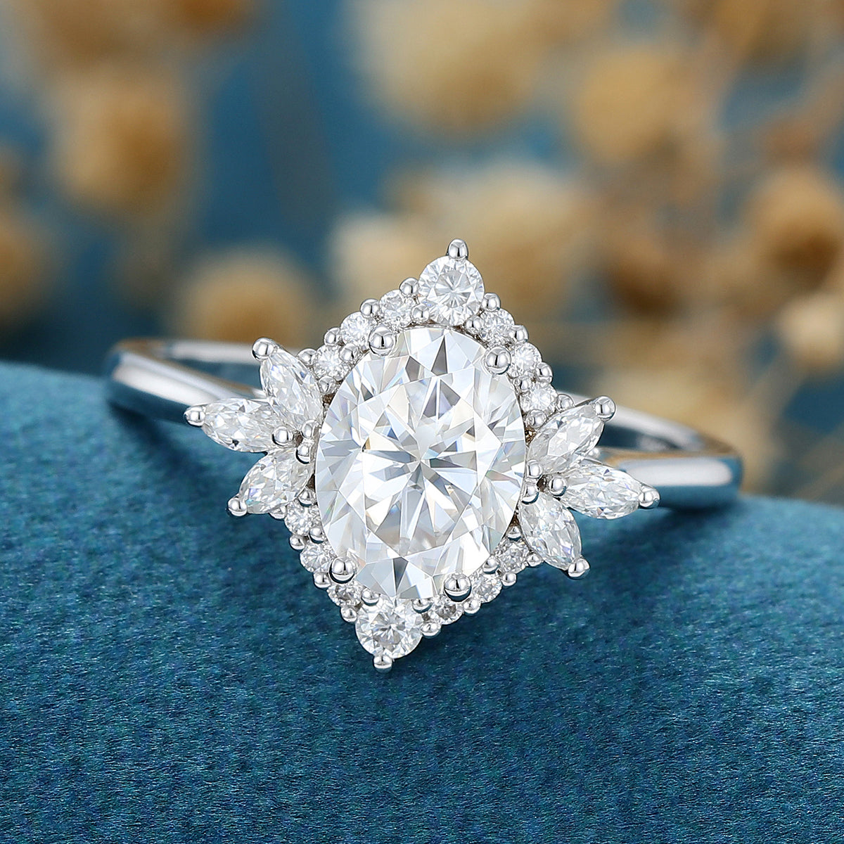 0.84 CT Oval Shaped Moissanite Cluster Engagement Ring