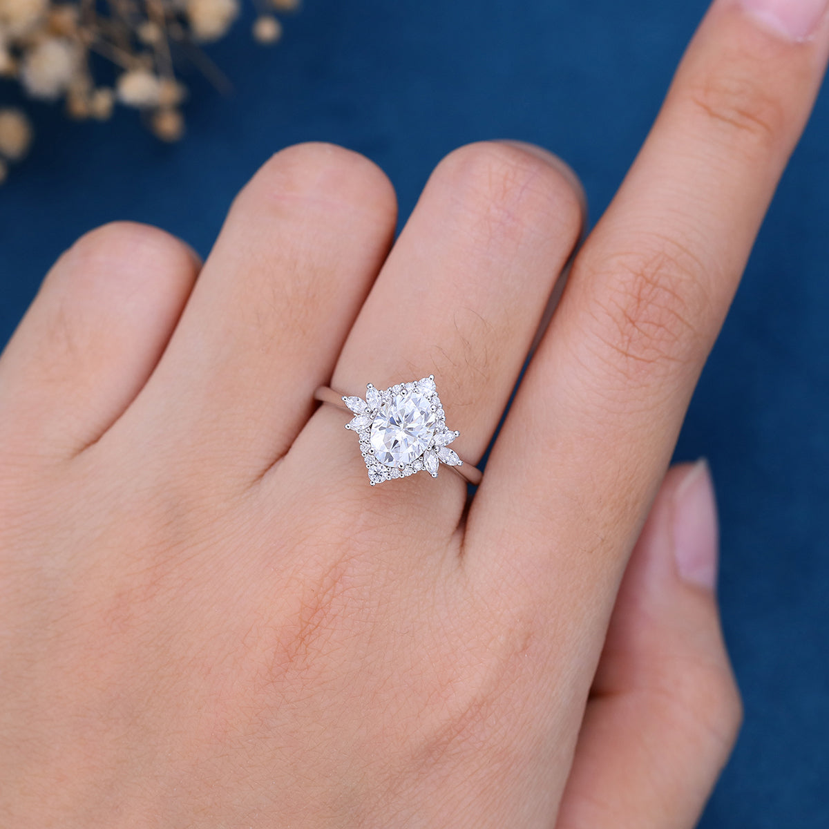 0.84 CT Oval Shaped Moissanite Cluster Engagement Ring