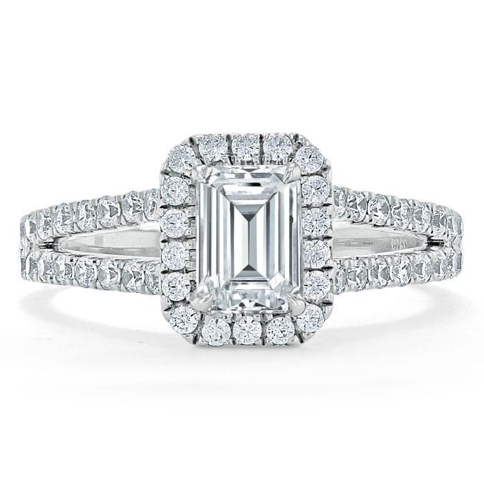 1.0 CT Emerald Cut Halo Split Shank Setting Moissanite Engagement Ring