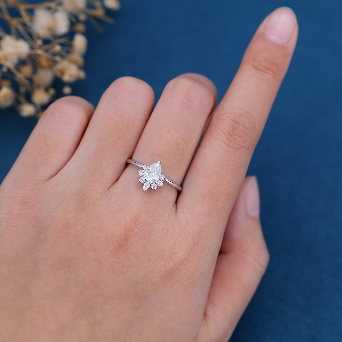 0.69 CT Pear Shaped Moissanite Cluster Engagement Ring