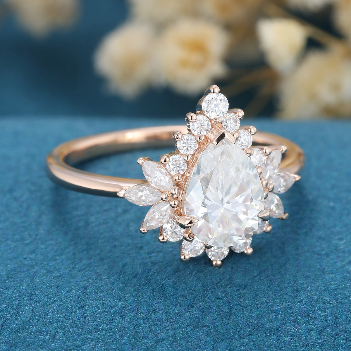 1.0 CT Pear Shaped Moissanite Cluster Engagement Ring