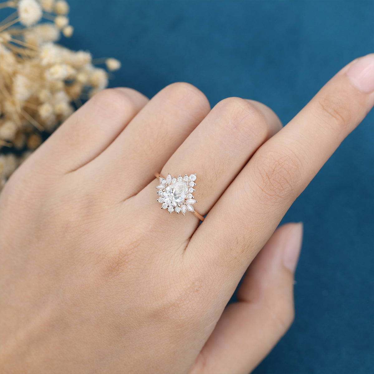 1.0 CT Pear Shaped Moissanite Cluster Engagement Ring