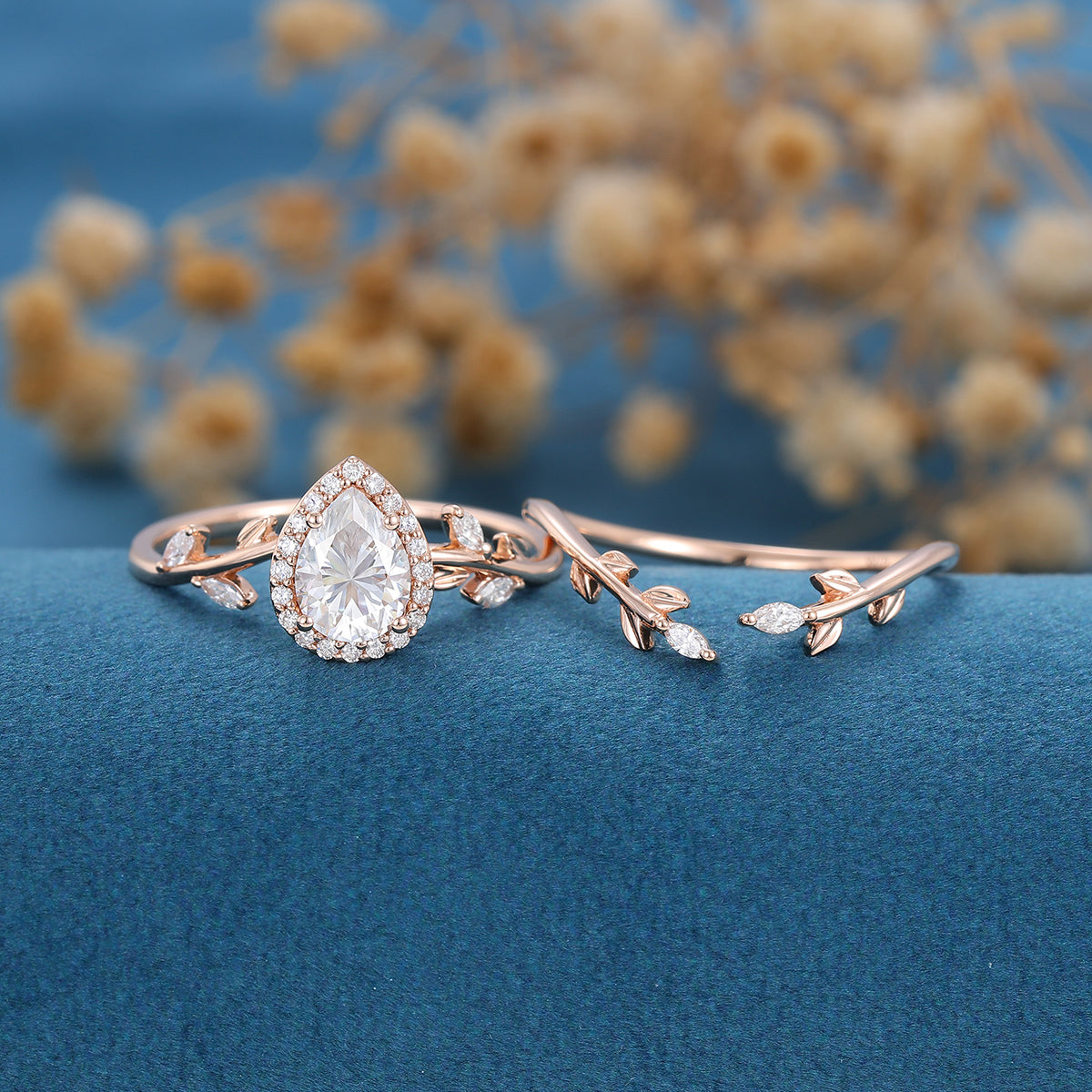 1.0 CT Pear Shaped Moissanite Halo Nature Inspired Bridal Set
