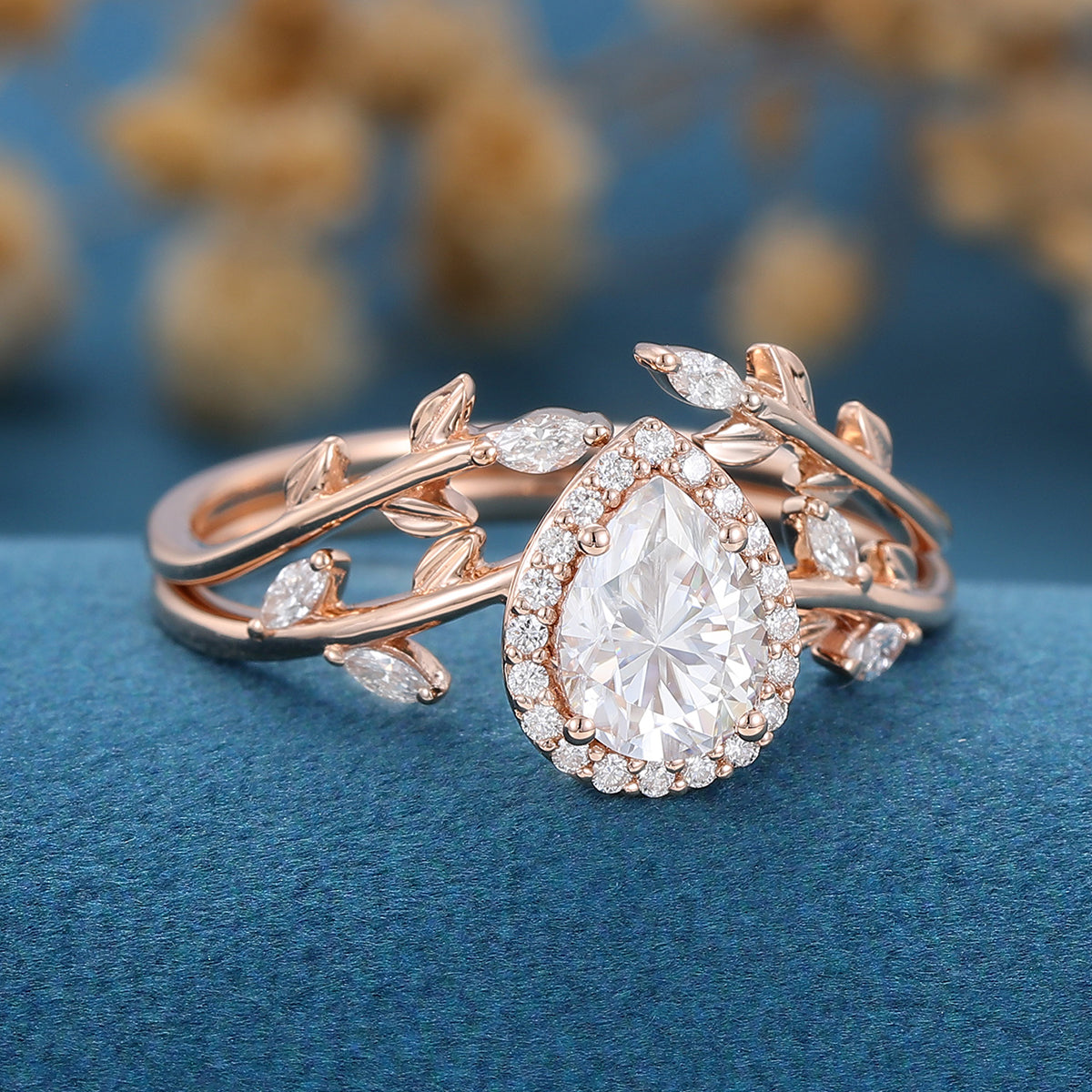 1.0 CT Pear Shaped Moissanite Halo Nature Inspired Bridal Set