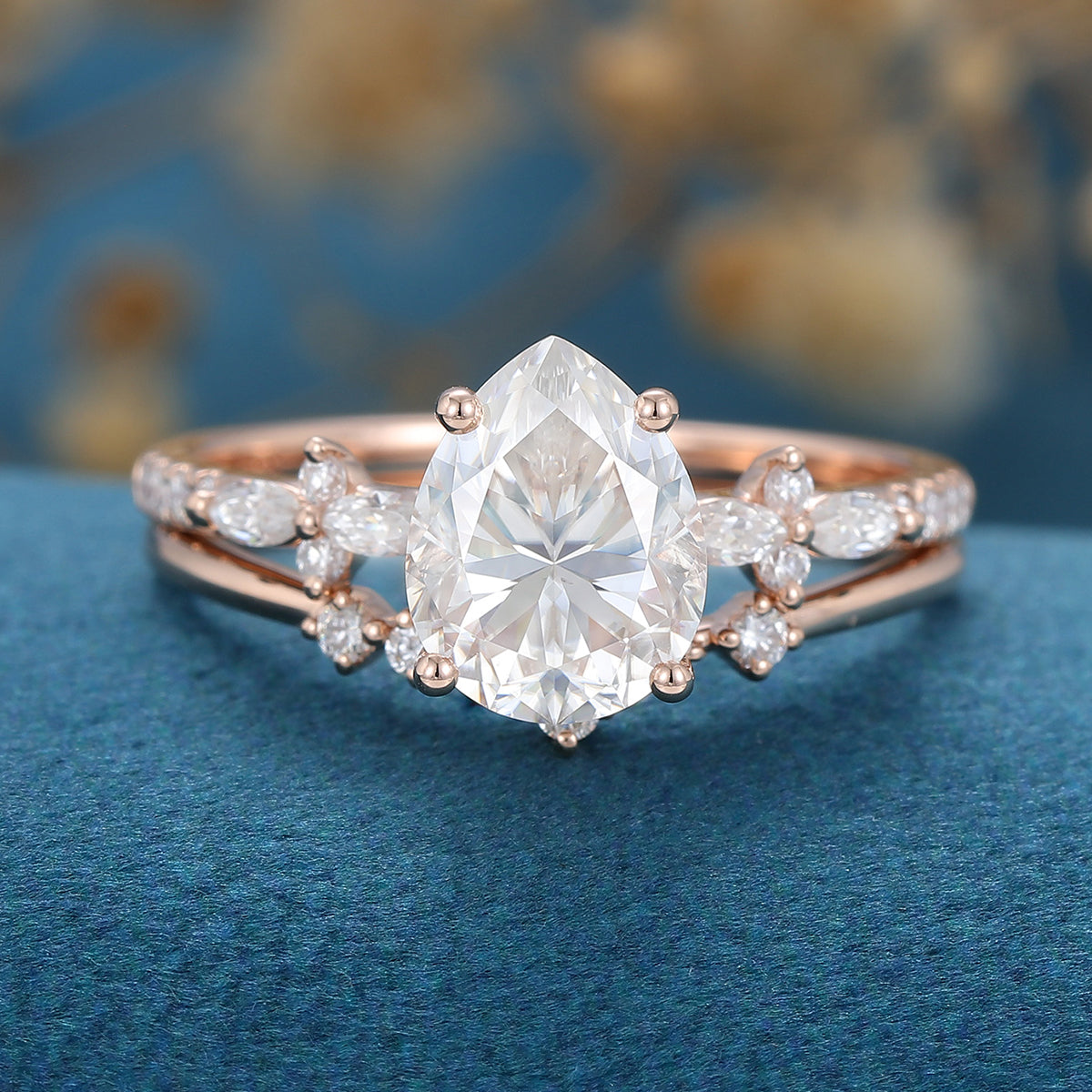 1.50 CT Pear Shaped Moissanite Solitaire Pave Bridal Set