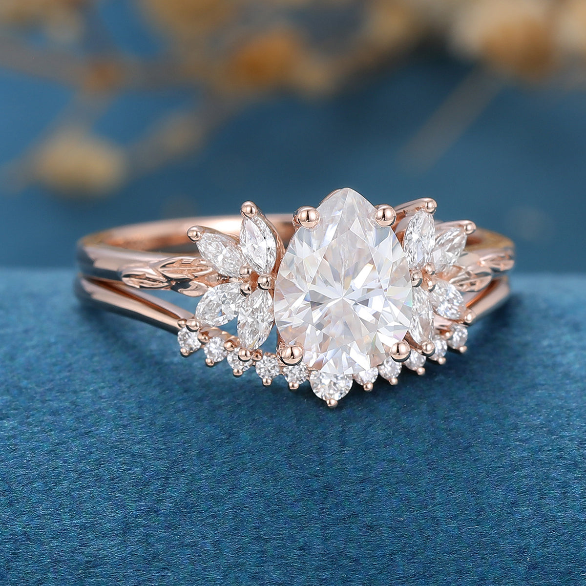 1.0 CT Pear Shaped Moissanite Cluster Bridal Set