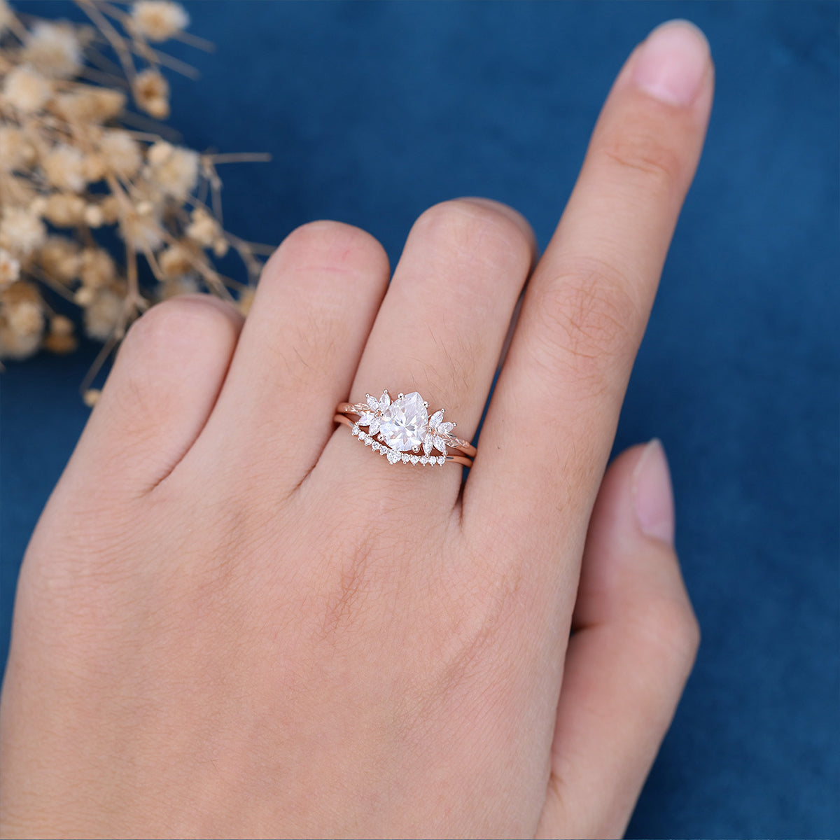1.0 CT Pear Shaped Moissanite Cluster Bridal Set