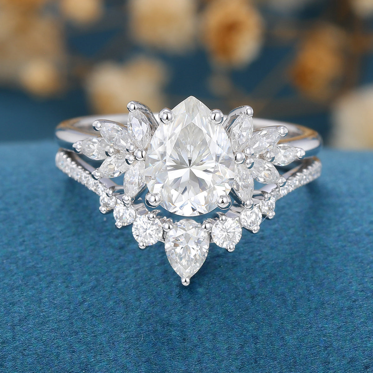 1.0 CT Pear Shaped Moissanite Cluster Bridal Set