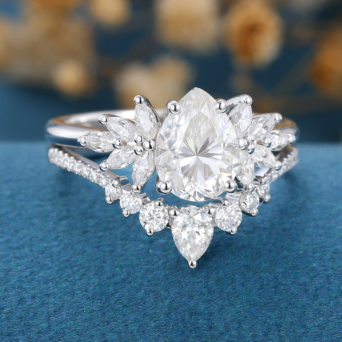 1.0 CT Pear Shaped Moissanite Cluster Bridal Set