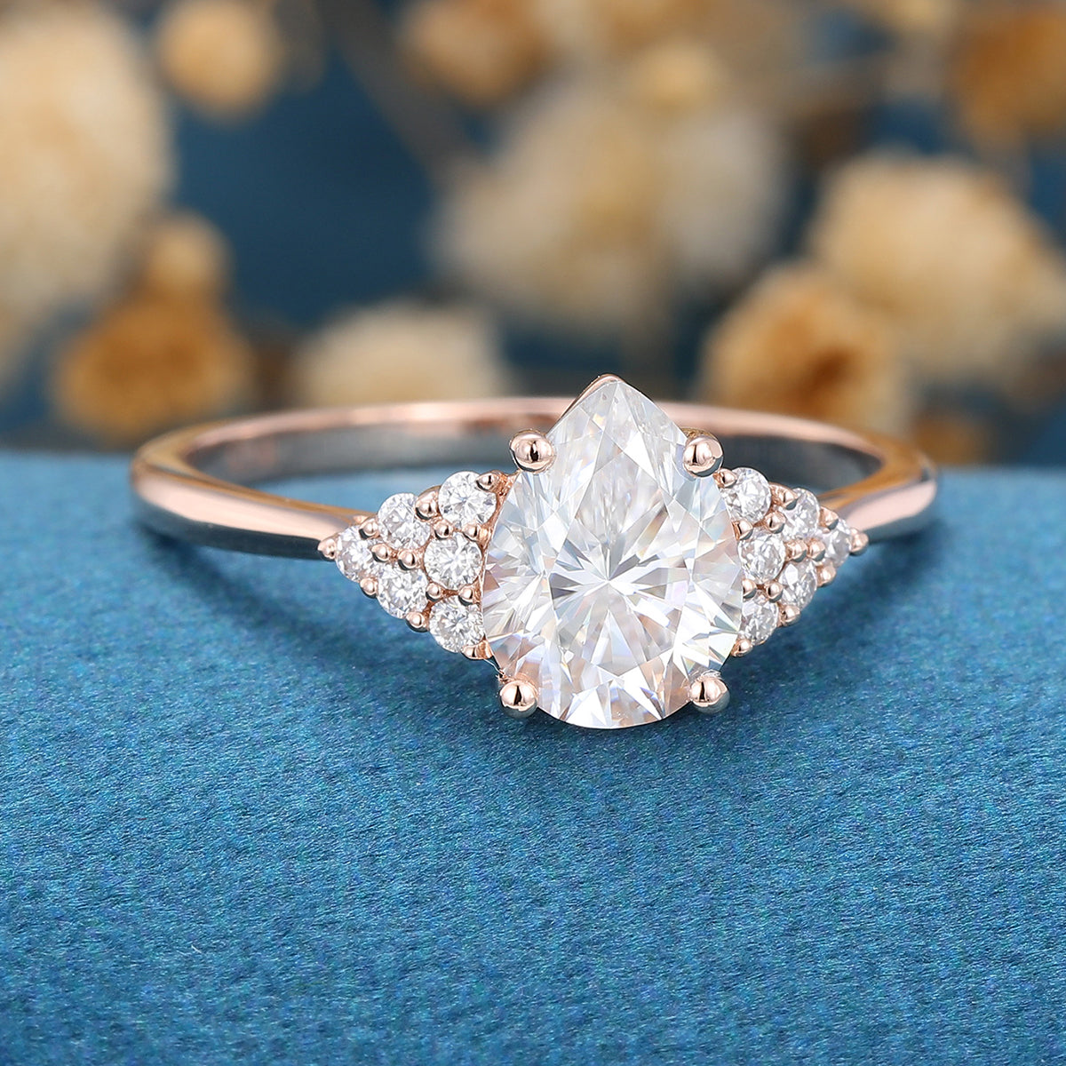 1.0 CT Pear Shaped Moissanite Cluster Engagement Ring