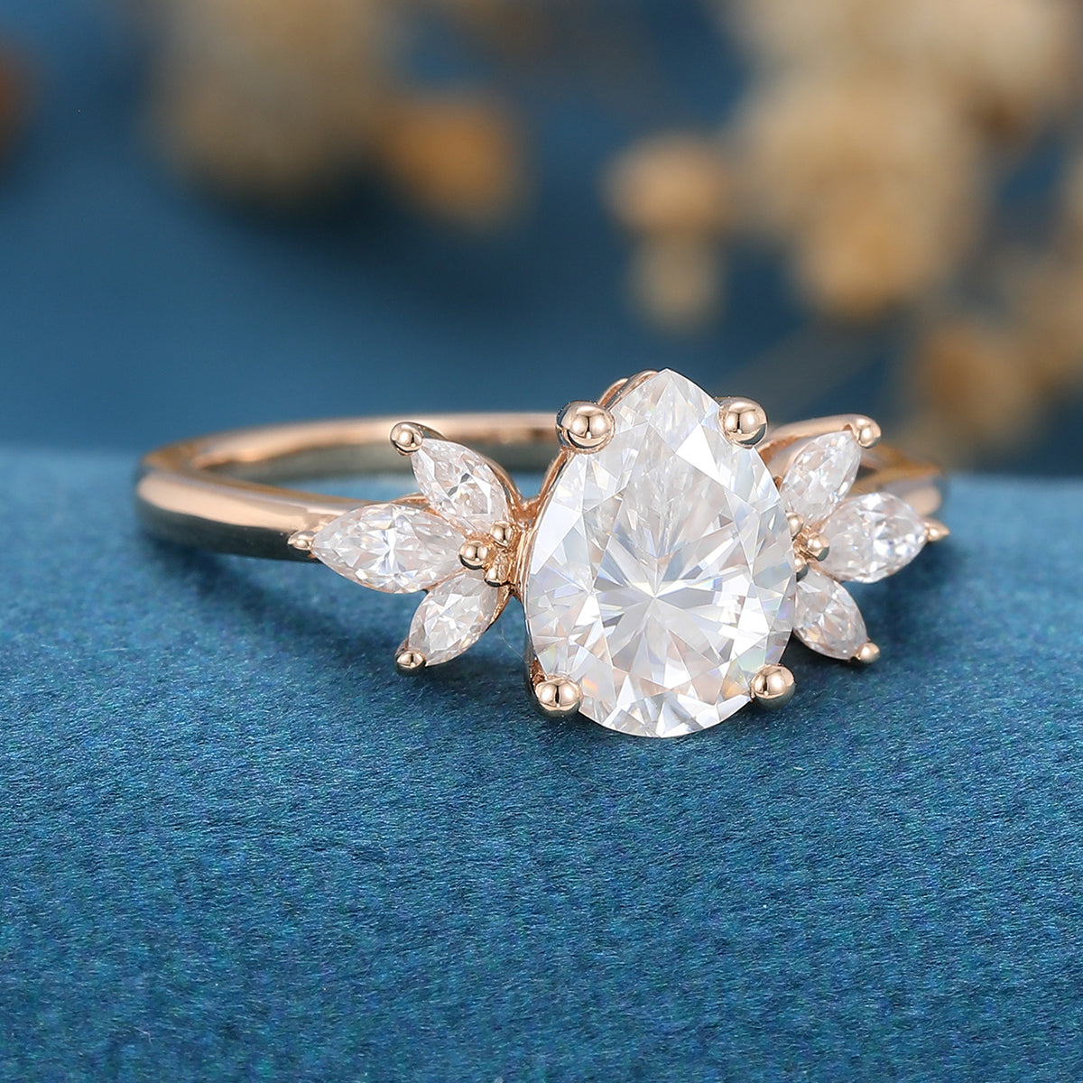 1.0 CT Pear Shaped Moissanite Cluster Engagement Ring