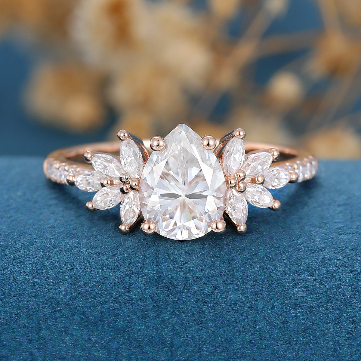 1.0 CT Pear Shaped Moissanite Cluster Engagement Ring