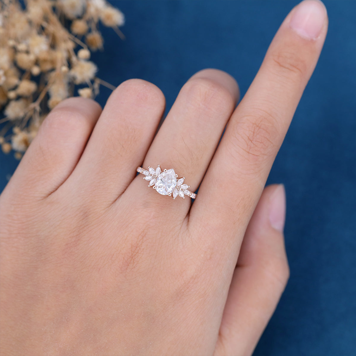 1.0 CT Pear Shaped Moissanite Cluster Engagement Ring