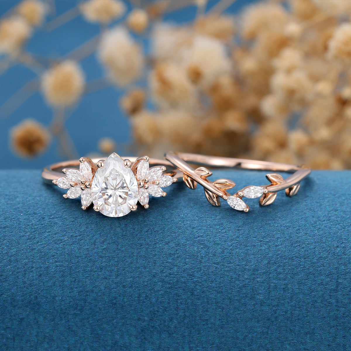 1.0 CT Pear Shaped Moissanite Cluster Bridal Set