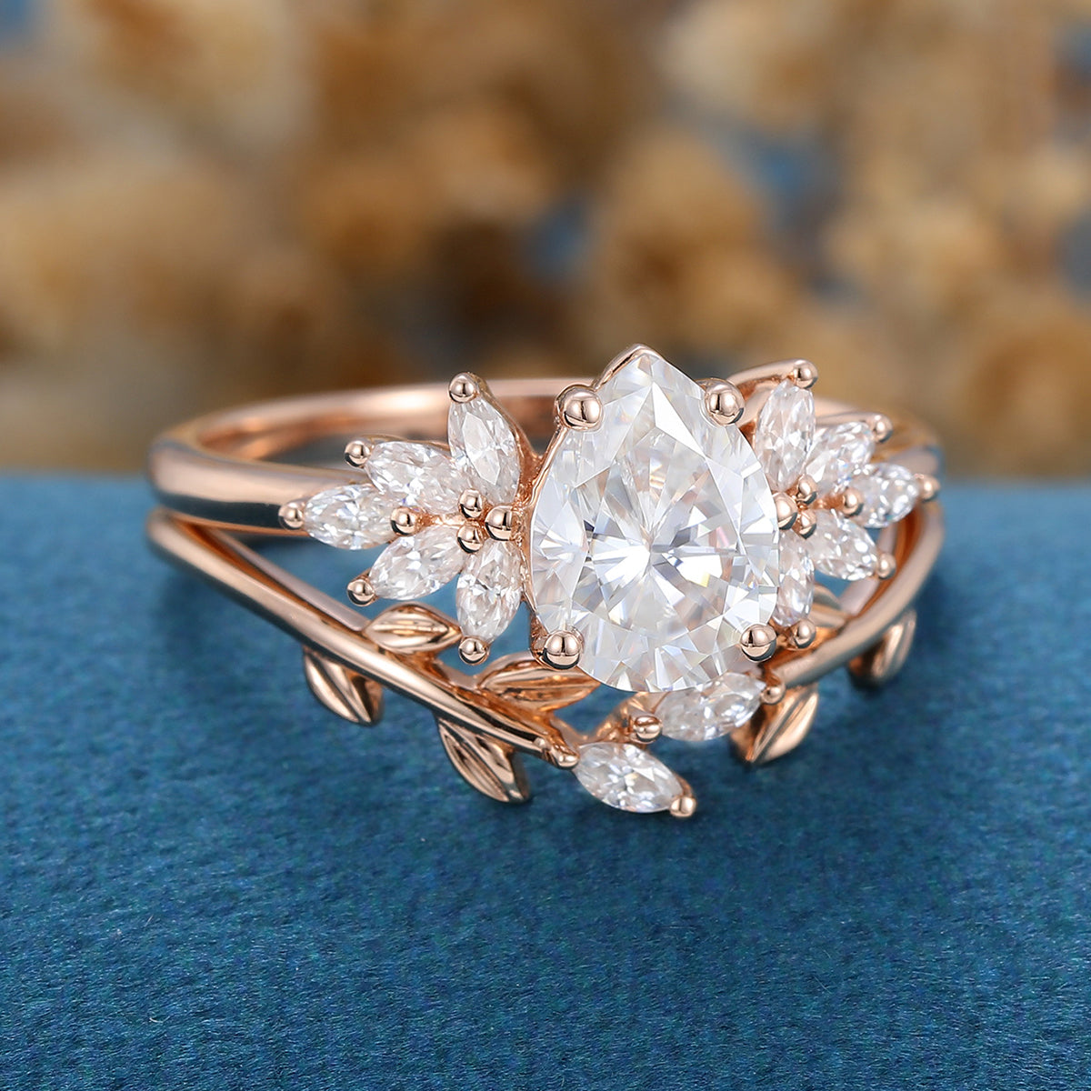 1.0 CT Pear Shaped Moissanite Cluster Bridal Set