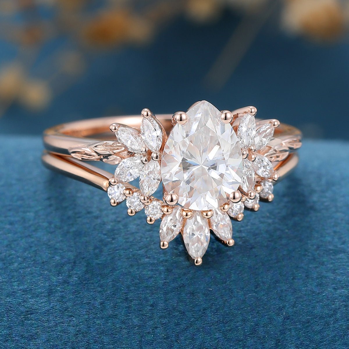 1.0 CT Pear Shaped Moissanite Cluster Bridal Set