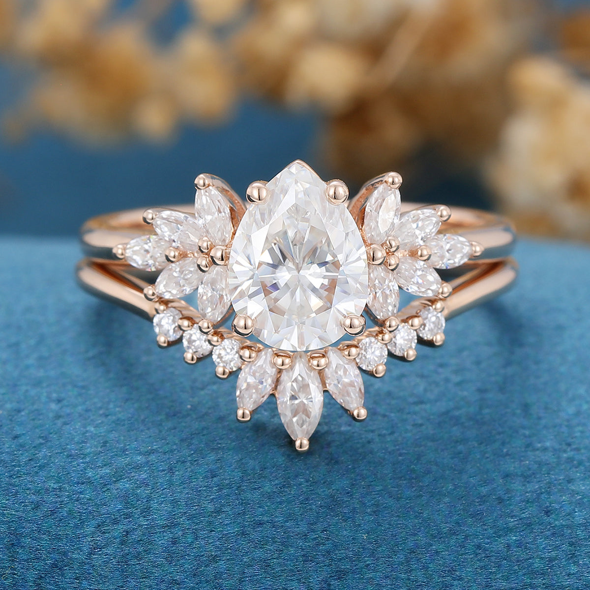 1.0 CT Pear Shaped Moissanite Cluster Bridal Set