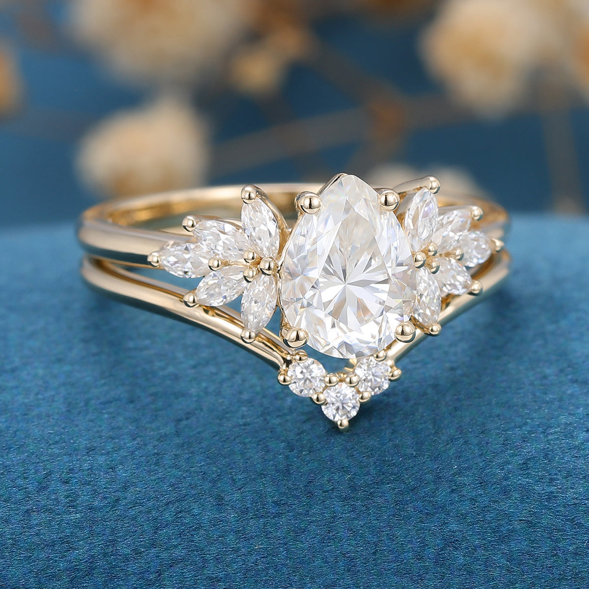 1.0 CT Pear Shaped Moissanite Cluster Bridal Set