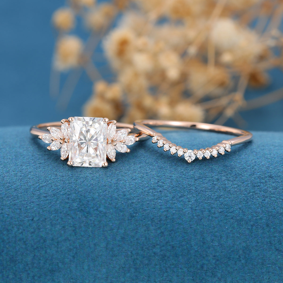 2.43 CT Radiant Shaped Moissanite Cluster Bridal Set