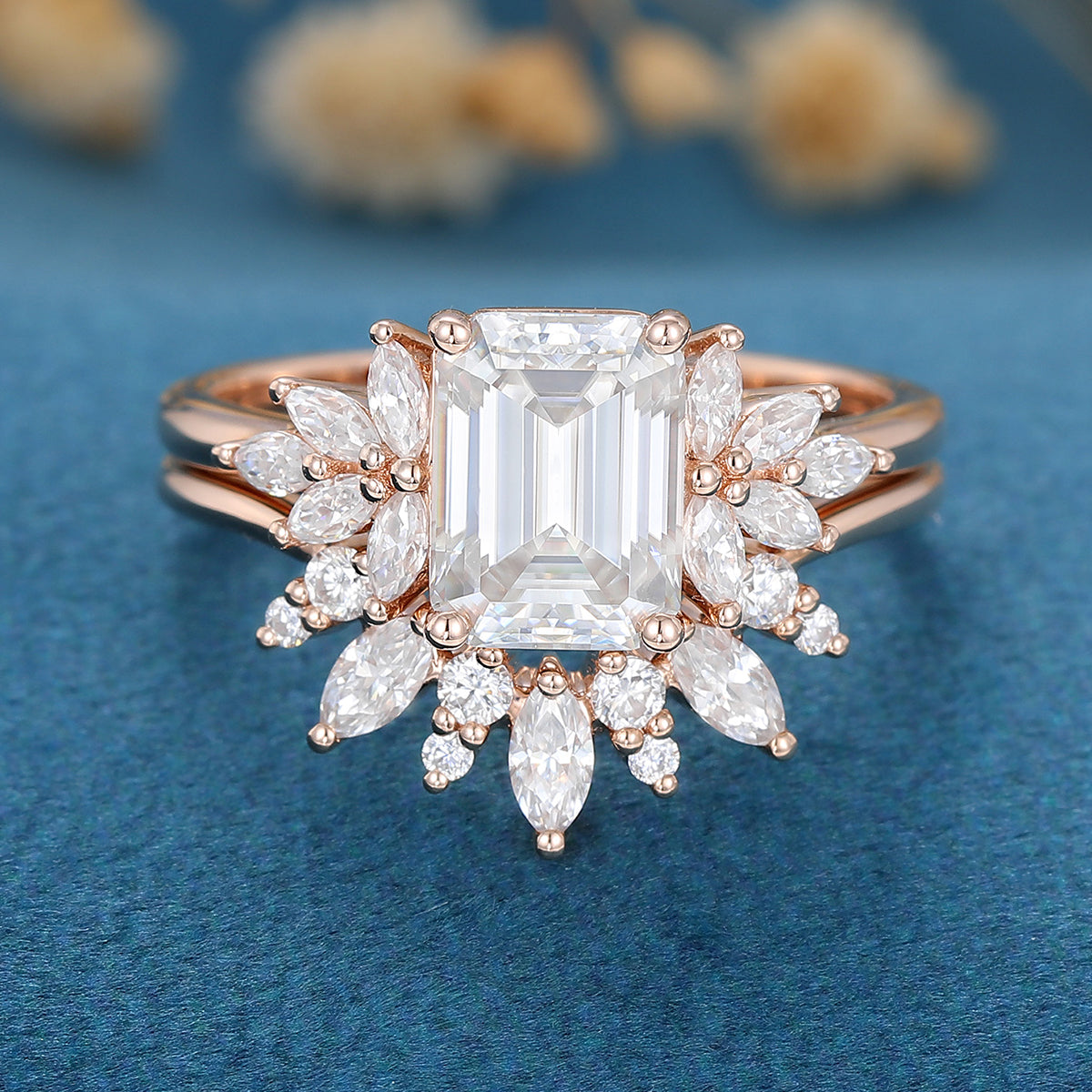 1.60 CT Emerald Shaped Moissanite Cluster Bridal Set